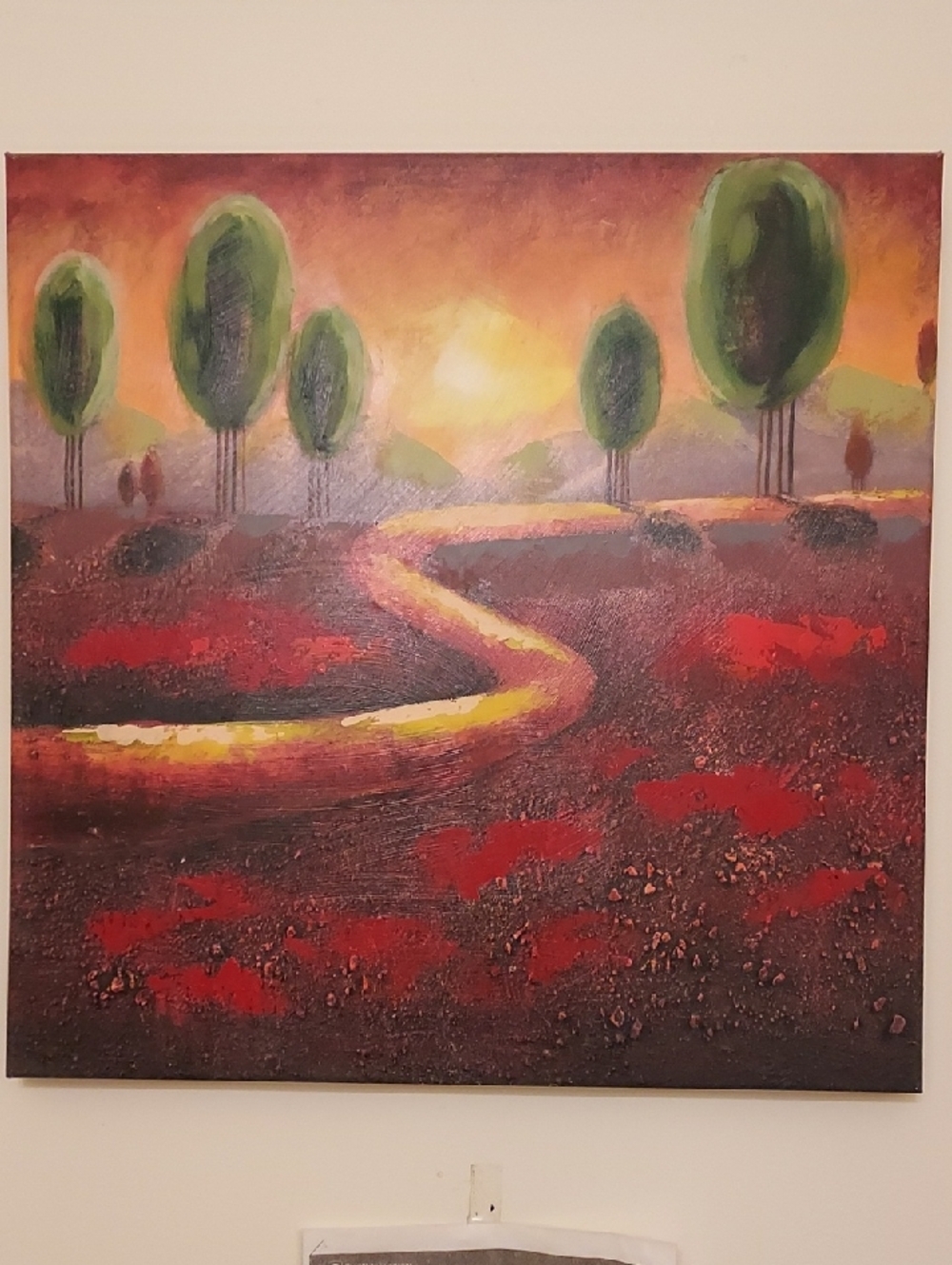 Sunlit Meadow Path Canvas Wall Art - Green & Red .  20x20 In